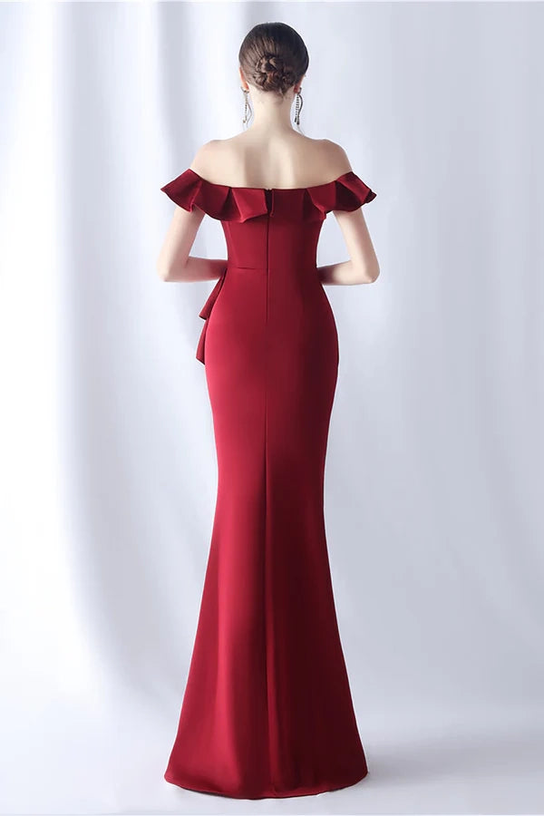Burgundy Mermaid Off the Shoulder Long Formal Dress with Ruffles simple gentle atmospheric and unique desi