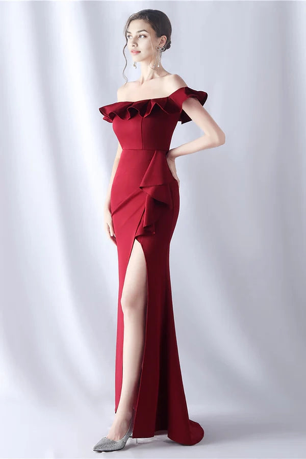Burgundy Mermaid Off the Shoulder Long Formal Dress with Ruffles simple gentle atmospheric and unique desi