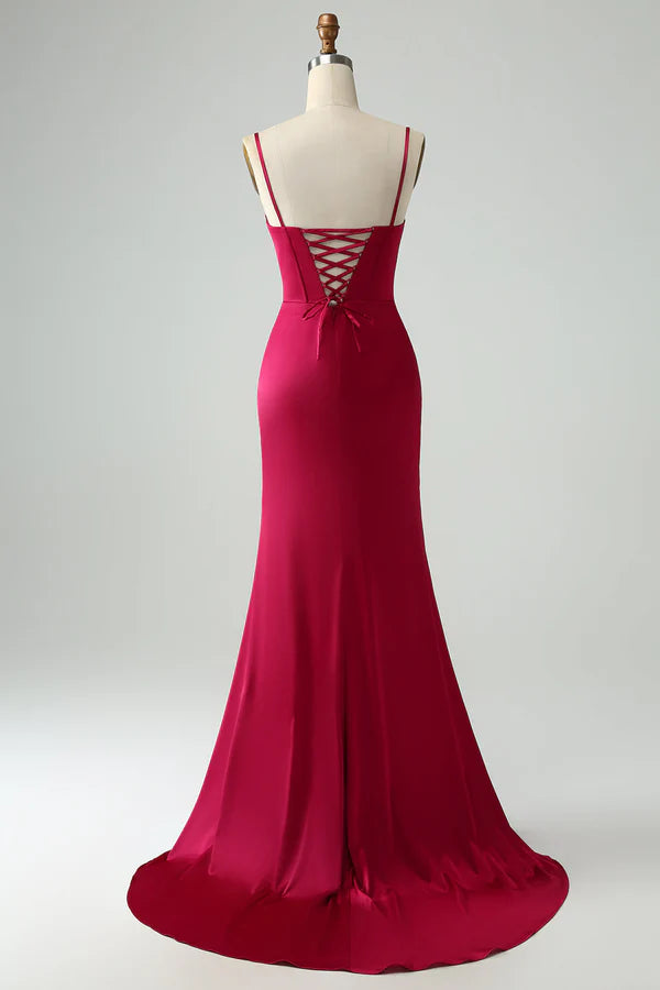 Burgundy Mermaid Spaghetti Straps Long Corset Prom Dress with Slit simple gentle atmospheric and unique desi