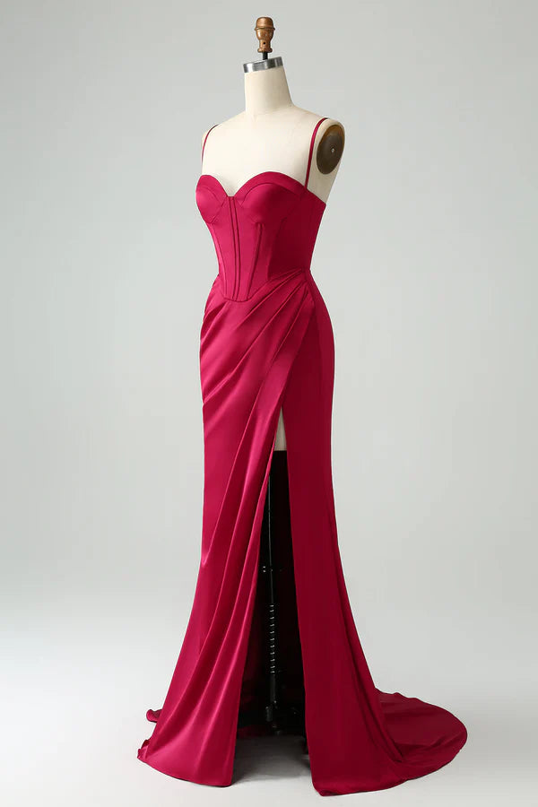 Burgundy Mermaid Spaghetti Straps Long Corset Prom Dress with Slit simple gentle atmospheric and unique desi