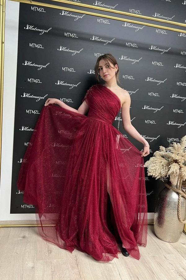 Burgundy Off-the-Shoulder Prom Dress Sequins Long Simple gentle atmospheric and unique design