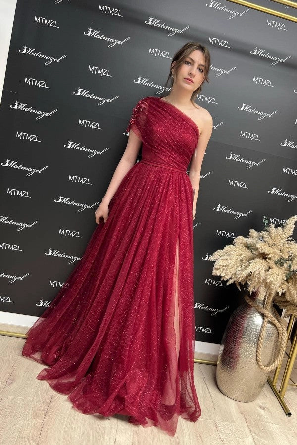 Burgundy Off-the-Shoulder Prom Dress Sequins Long Simple gentle atmospheric and unique design