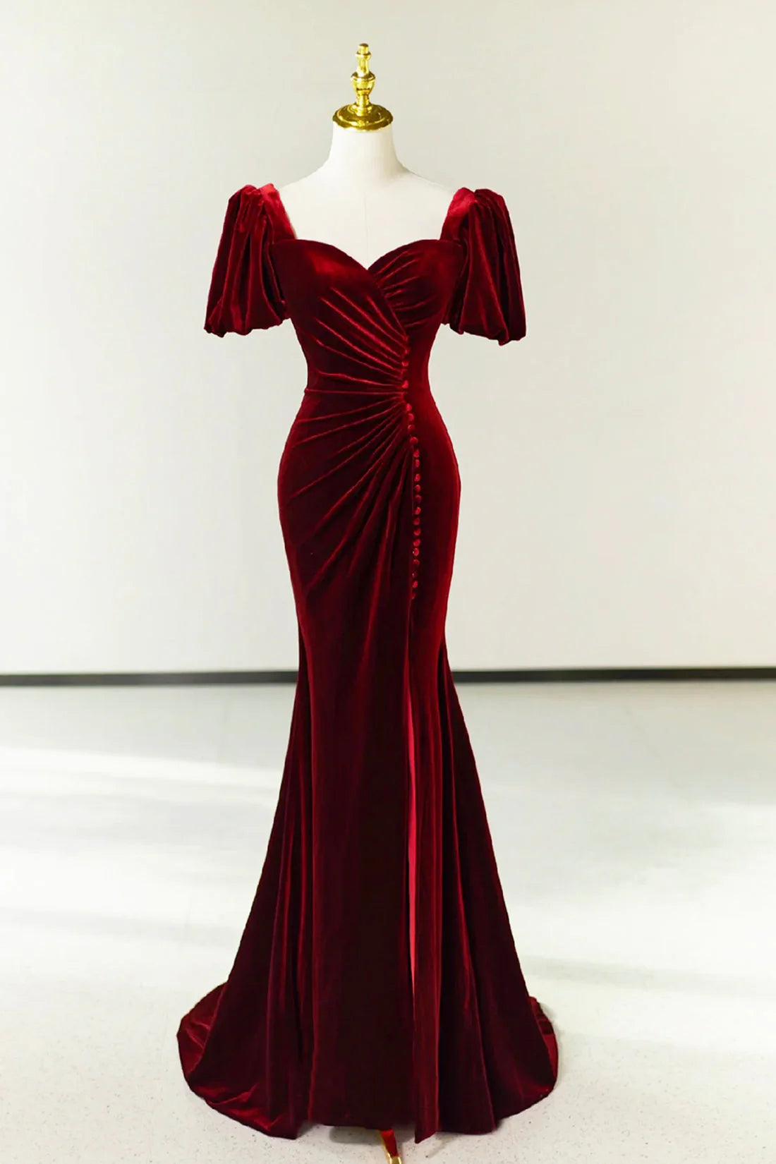 Burgundy Pleated Velvet Long Prom Dress with Slit Mermaid Backless Evening Party Dress simple gentle atmospheric and unique desi Bring summer colors to enhance white