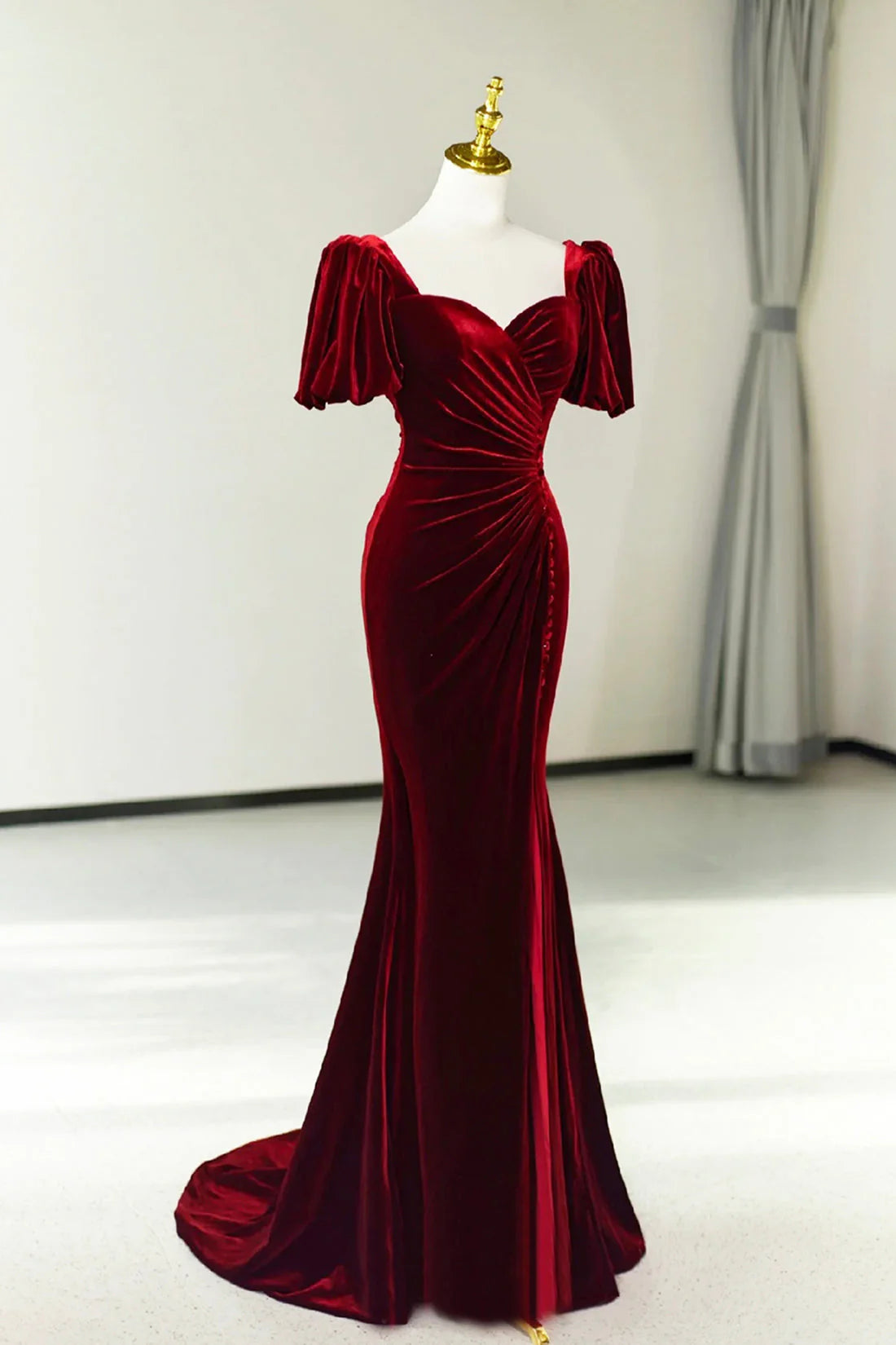 Burgundy Pleated Velvet Long Prom Dress with Slit Mermaid Backless Evening Party Dress simple gentle atmospheric and unique desi Bring summer colors to enhance white