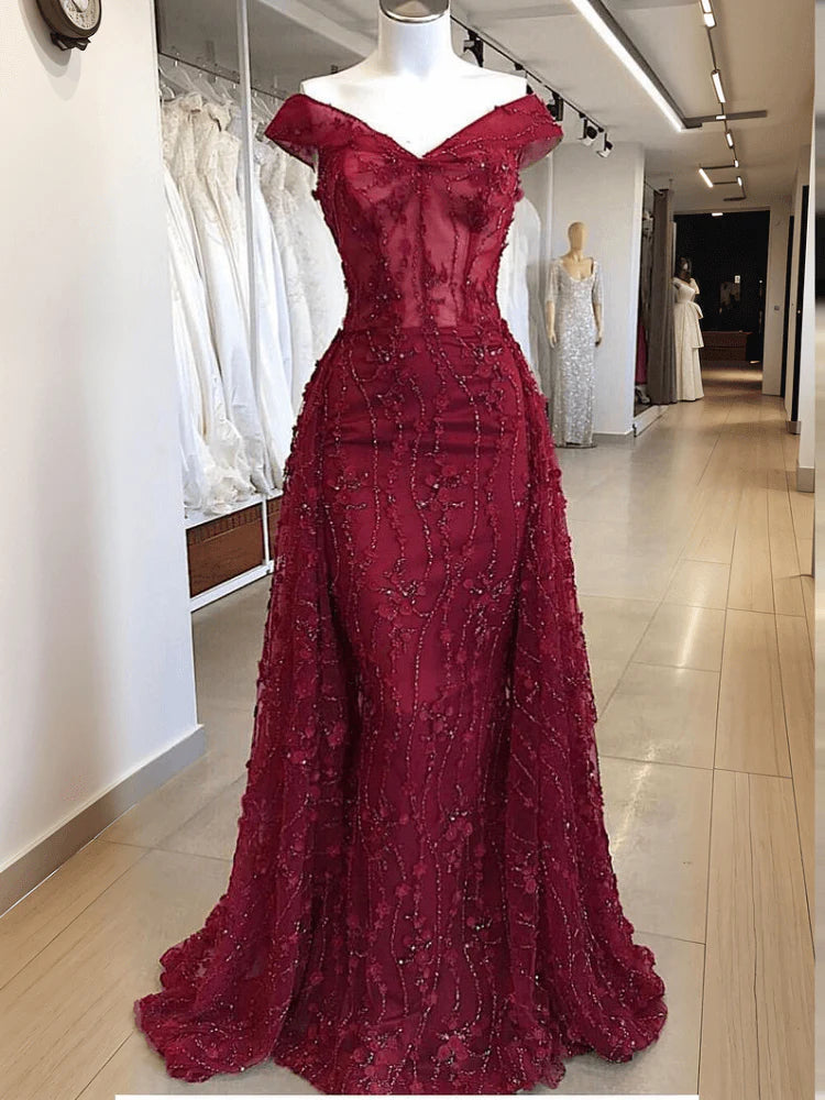 Burgundy Prom Dress Mermaid Off Shoulder Evening Dresses Elegant simple gentle atmospheric and unique desi Bring summer colors to enhance whiteness