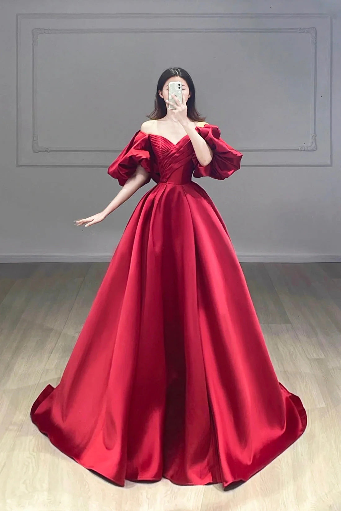 Burgundy Puffy Short Sleeve Satin Prom Dress Burgundy V-Neck A-Line Evening Dress simple gentle atmospheric and unique desi Bring summer colors to enhance white