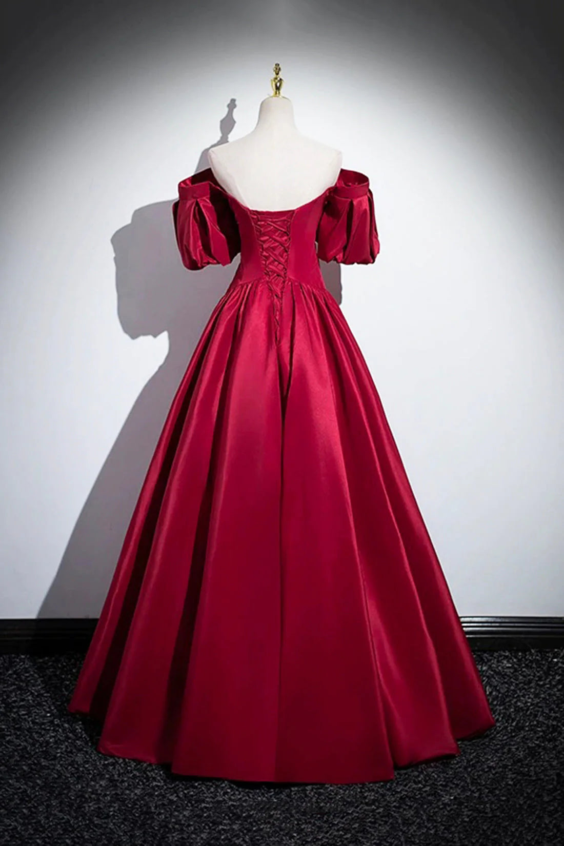 Burgundy Satin Floor Length A-Line Prom Dress Off the Shoulder Evening Party Dress simple gentle atmospheric and unique desi Bring summer colors to enhance white