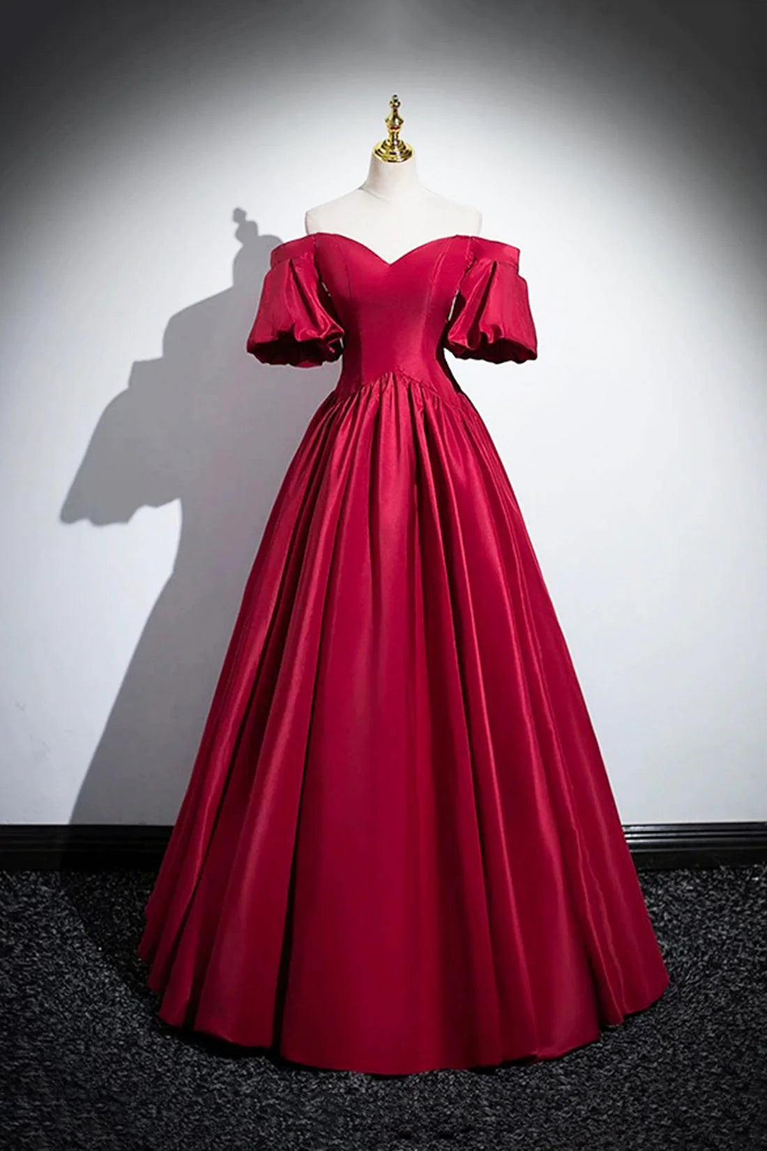 Burgundy Satin Floor Length A-Line Prom Dress Off the Shoulder Evening Party Dress simple gentle atmospheric and unique desi Bring summer colors to enhance white