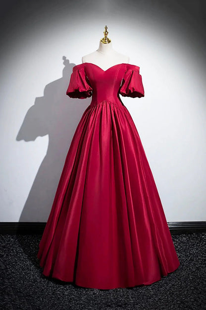 Burgundy Satin Floor Length A-Line Prom Dress Off the Shoulder Evening Party Dress simple gentle atmospheric and unique desi Bring summer colors to enhance white