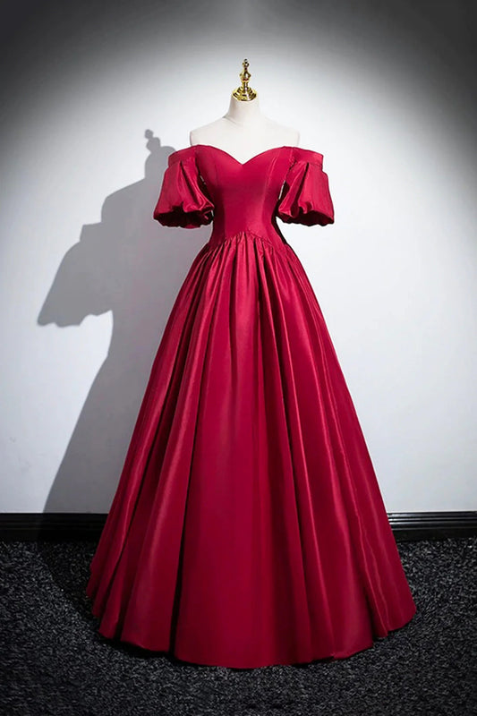 Burgundy Satin Floor Length A-Line Prom Dress Off the Shoulder Evening Party Dress simple gentle atmospheric and unique desi Bring summer colors to enhance white