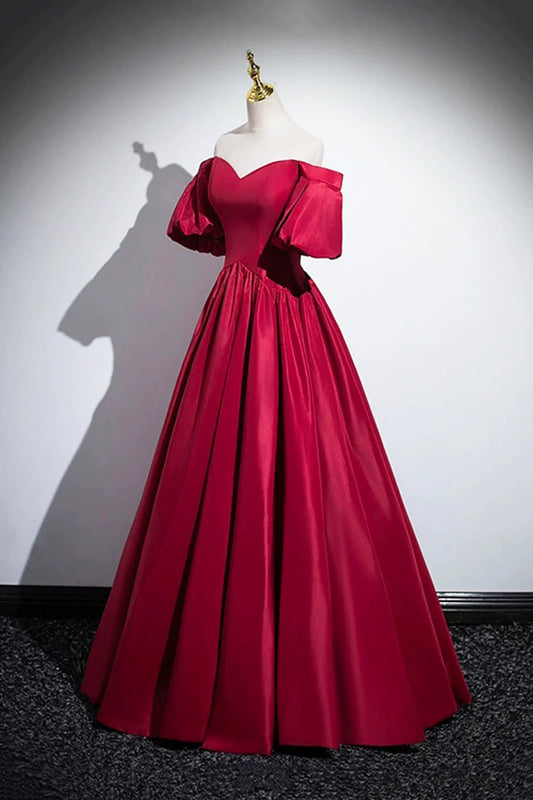 Burgundy Satin Floor Length A-Line Prom Dress Off the Shoulder Evening Party Dress simple gentle atmospheric and unique desi Bring summer colors to enhance white