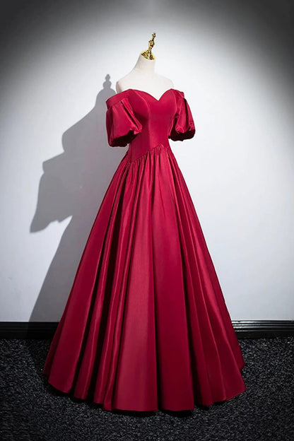 Burgundy Satin Floor Length A-Line Prom Dress Off the Shoulder Evening Party Dress simple gentle atmospheric and unique desi Bring summer colors to enhance white