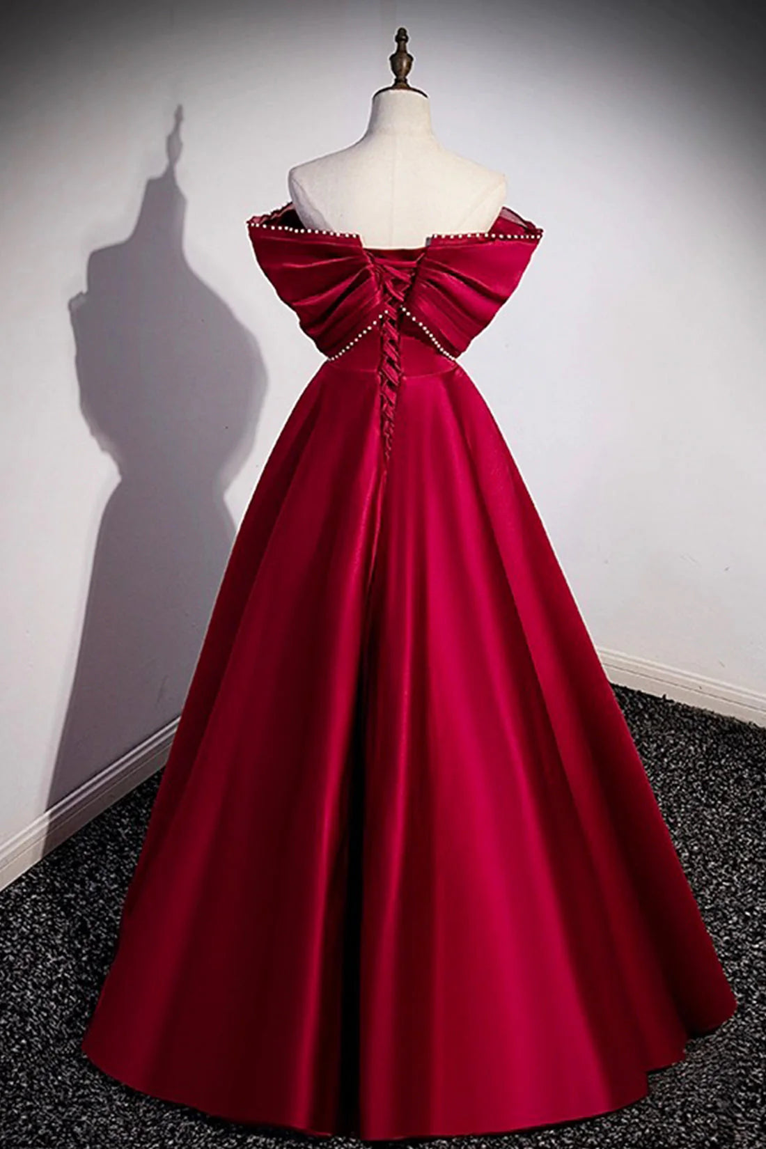 Burgundy Satin Floor Length Prom Dress A-Line Off the Shoulder Evening Party Dress simple gentle atmospheric and unique desi Bring summer