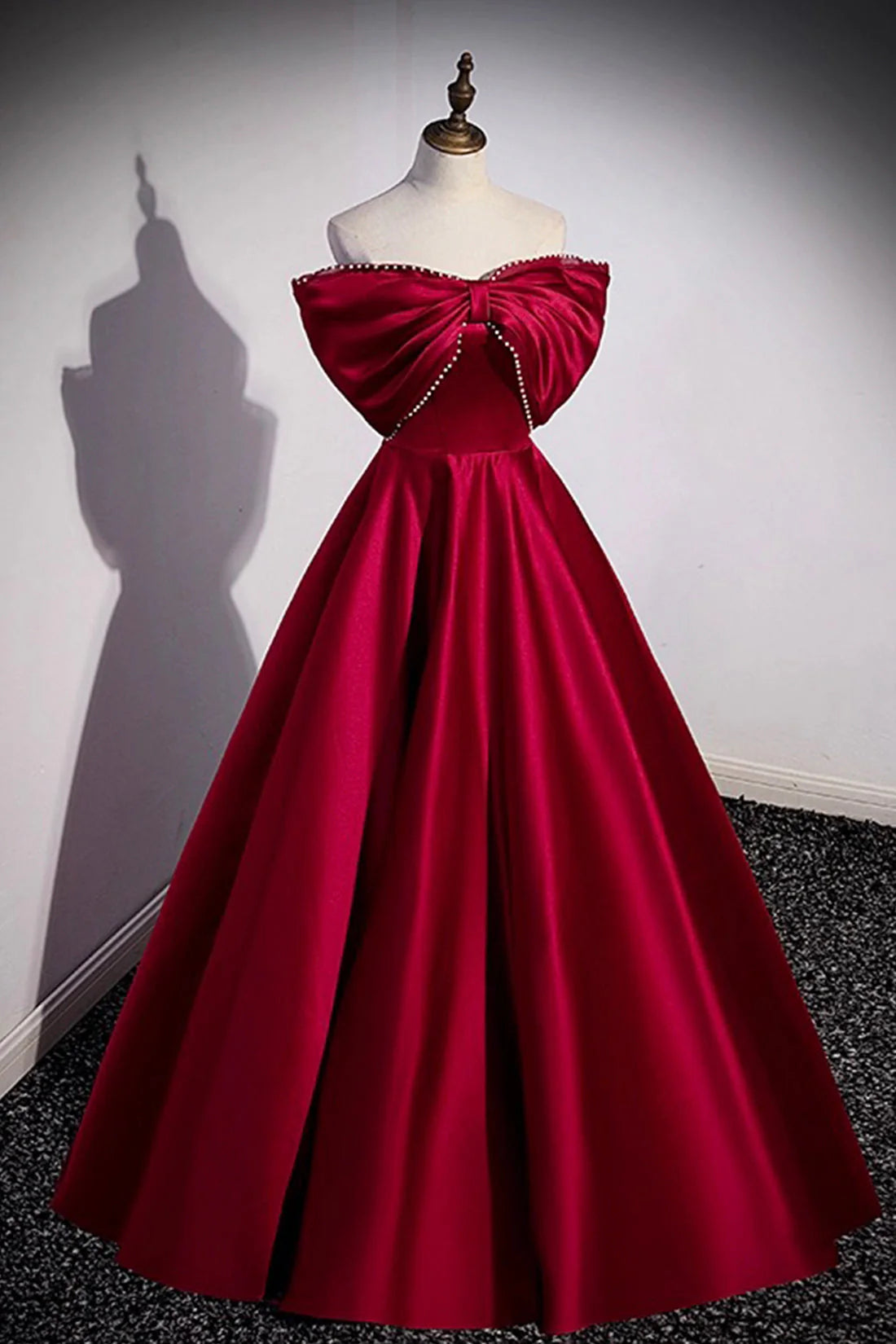 Burgundy Satin Floor Length Prom Dress A-Line Off the Shoulder Evening Party Dress simple gentle atmospheric and unique desi Bring summer