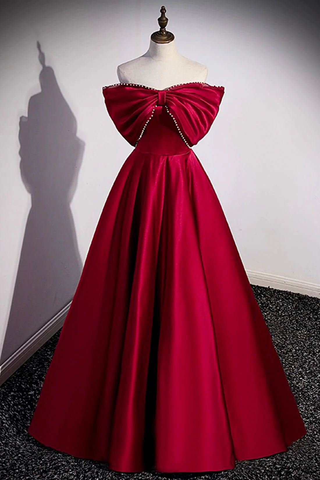 Burgundy Satin Floor Length Prom Dress A-Line Off the Shoulder Evening Party Dress simple gentle atmospheric and unique desi Bring summer