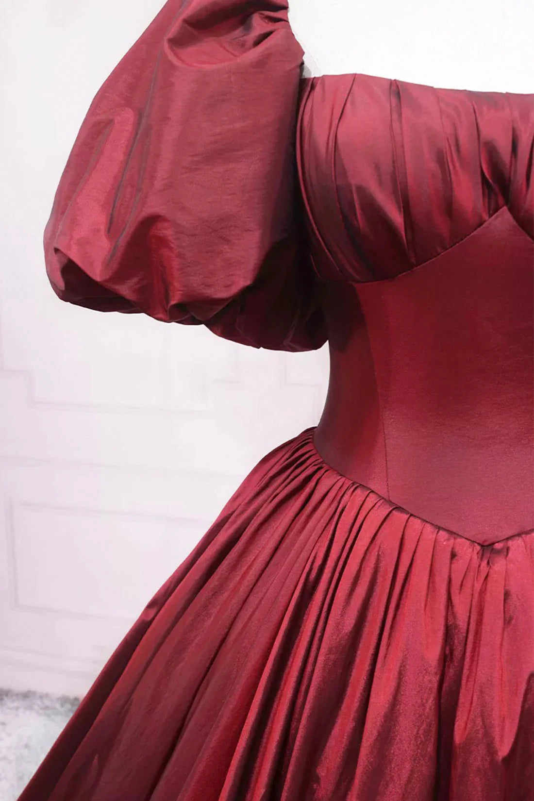 Burgundy Satin Floor Length Prom Dress Elegant Puffy Short Sleeve Formal Dress simple gentle atmospheric and unique desi Bring summer