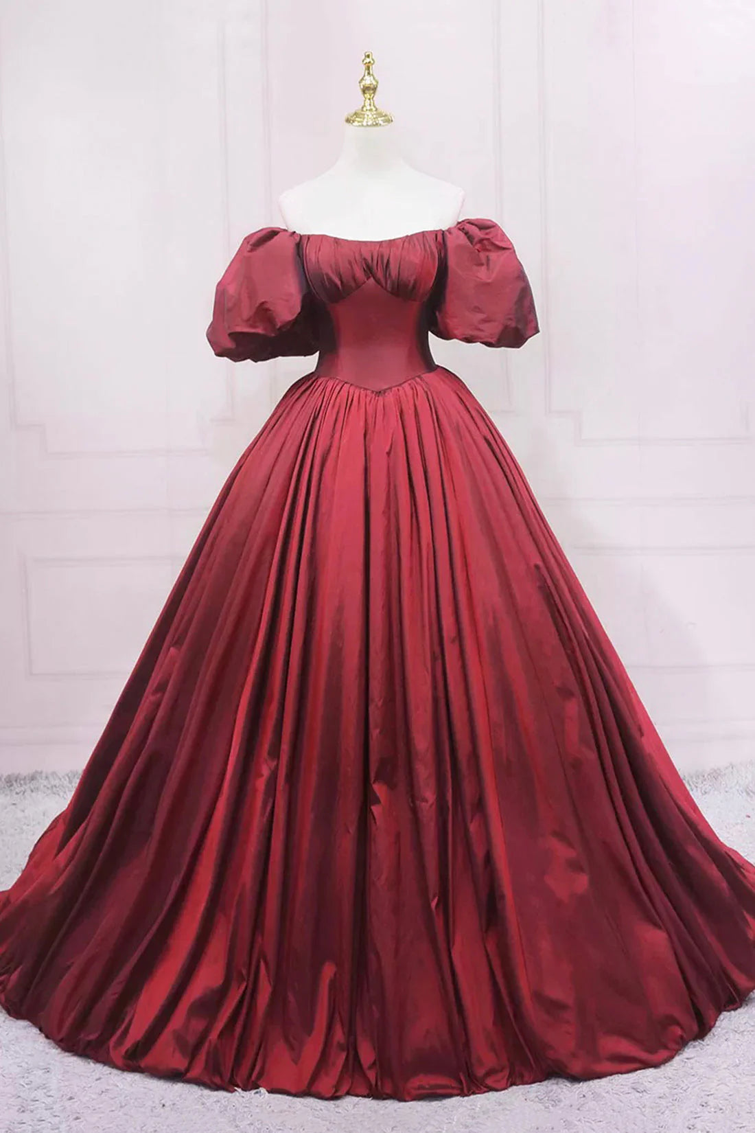 Burgundy Satin Floor Length Prom Dress Elegant Puffy Short Sleeve Formal Dress simple gentle atmospheric and unique desi Bring summer