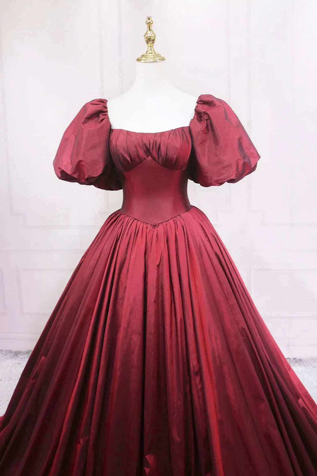 Burgundy Satin Floor Length Prom Dress Elegant Puffy Short Sleeve Formal Dress simple gentle atmospheric and unique desi Bring summer