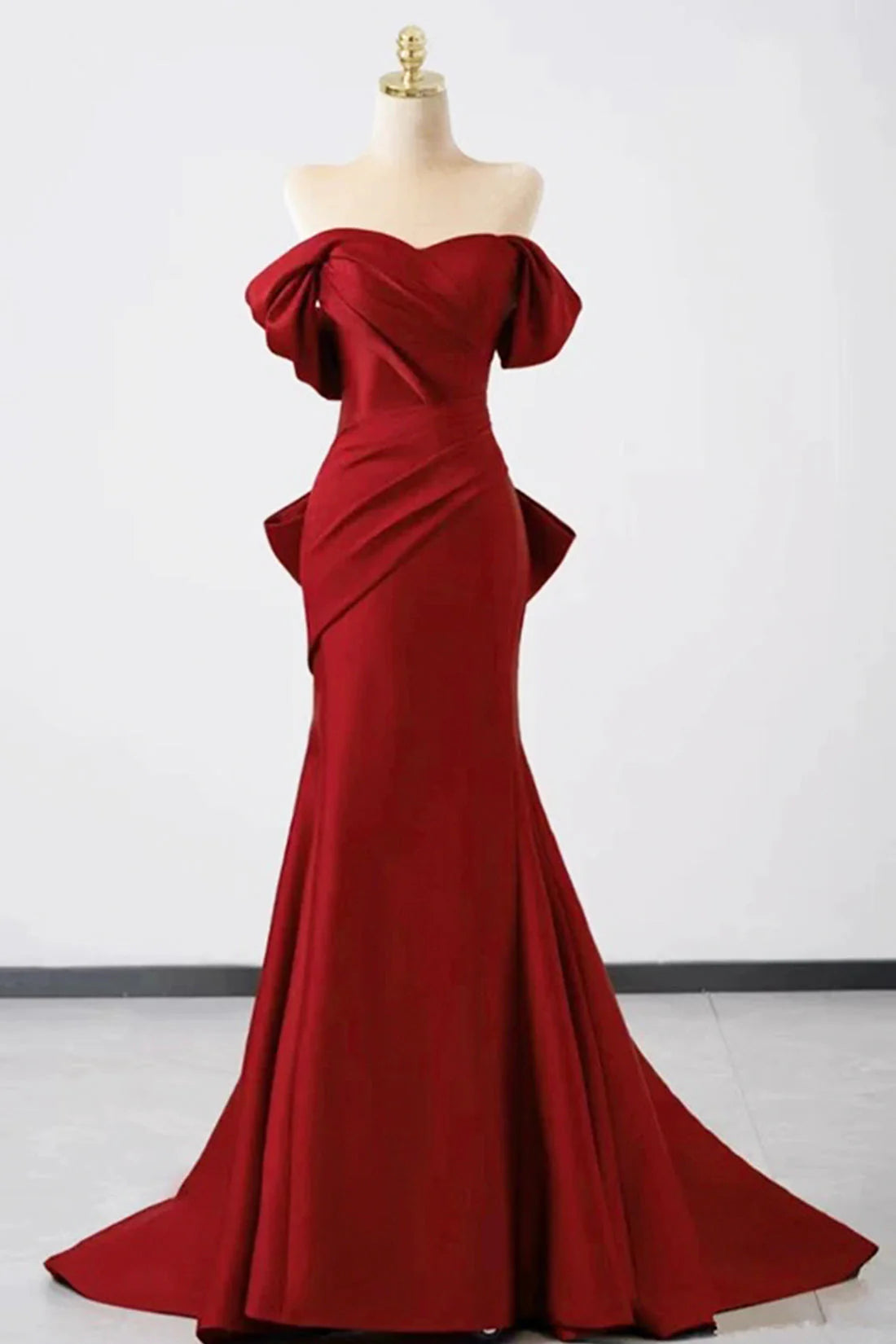 Burgundy Satin Floor Length Prom Dress Mermaid Off the Shoulder Party Dress simple gentle atmospheric and unique desi Bring summe