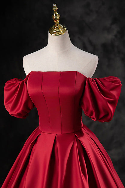 Burgundy Satin Long A-Line Prom Dress Off the Shoulder Evening Party Dress simple gentle atmospheric and unique desi Bring summer colors to enhance white