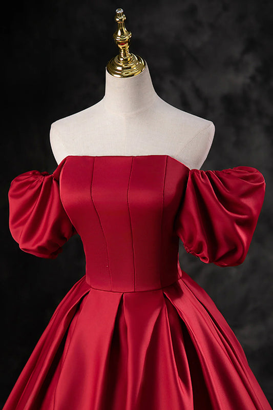 Burgundy Satin Long A-Line Prom Dress Off the Shoulder Evening Party Dress simple gentle atmospheric and unique desi Bring summer colors to enhance white
