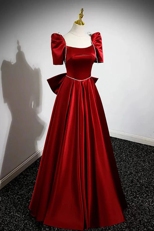 Burgundy Satin Long Prom Dress A-Line Evening Dress with Bow simple gentle atmospheric and unique desi Bring summer colors to enhance white