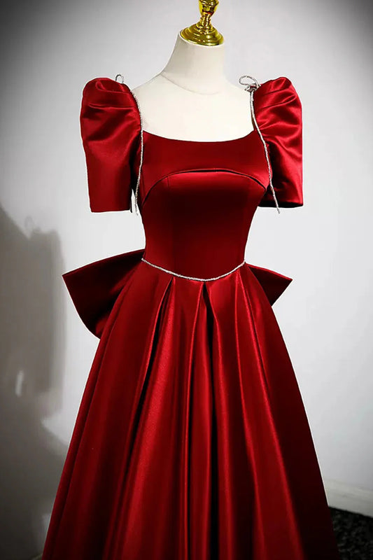 Burgundy Satin Long Prom Dress A-Line Evening Dress with Bow simple gentle atmospheric and unique desi Bring summer colors to enhance white