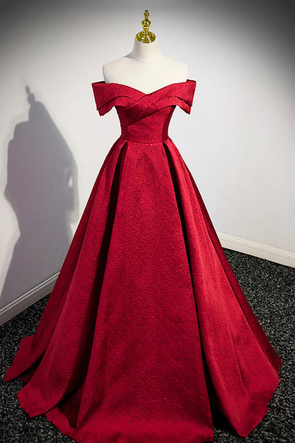 Burgundy Satin Long Prom Dress Off Shoulder Evening Party Dress simple gentle atmospheric and unique desi Bring summer colors to enhance white