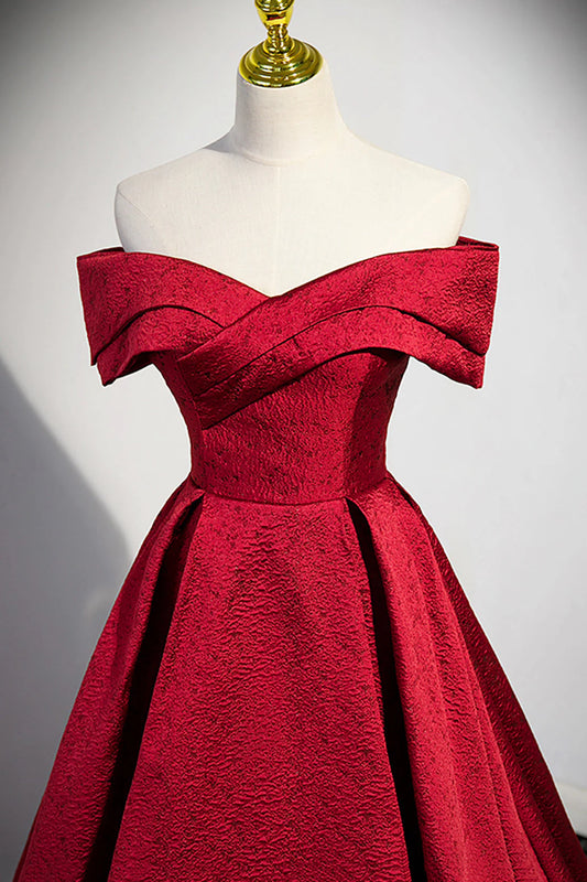 Burgundy Satin Long Prom Dress Off Shoulder Evening Party Dress simple gentle atmospheric and unique desi Bring summer colors to enhance white