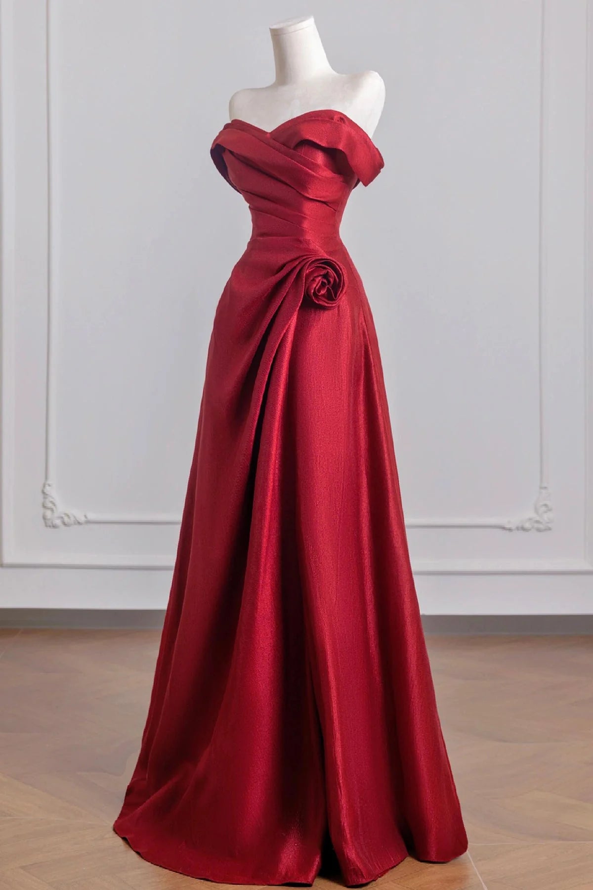 Burgundy Satin Long Prom Dress Off the Shoulder A-Line Party Dress simple gentle atmospheric and unique desi Brin