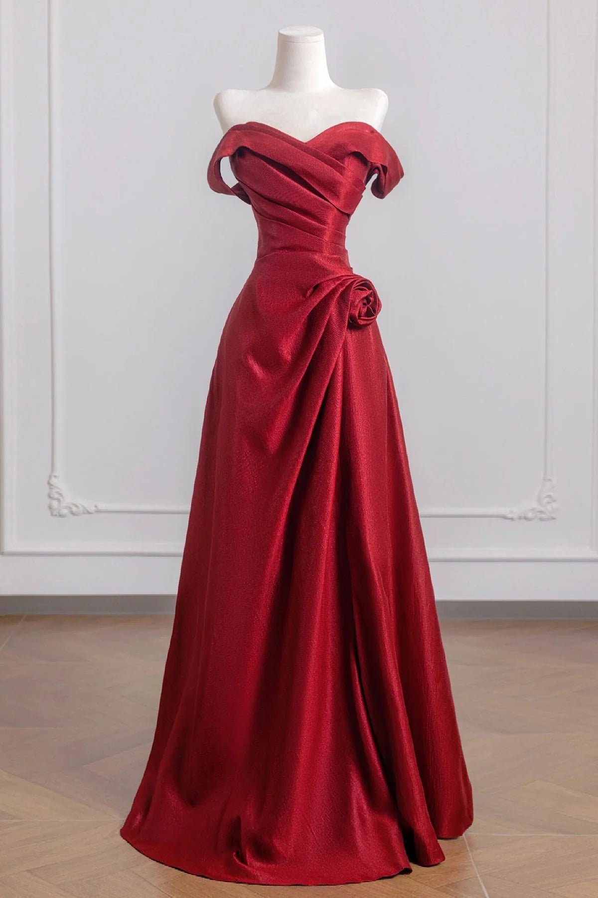 Burgundy Satin Long Prom Dress Off the Shoulder A-Line Party Dress simple gentle atmospheric and unique desi Brin