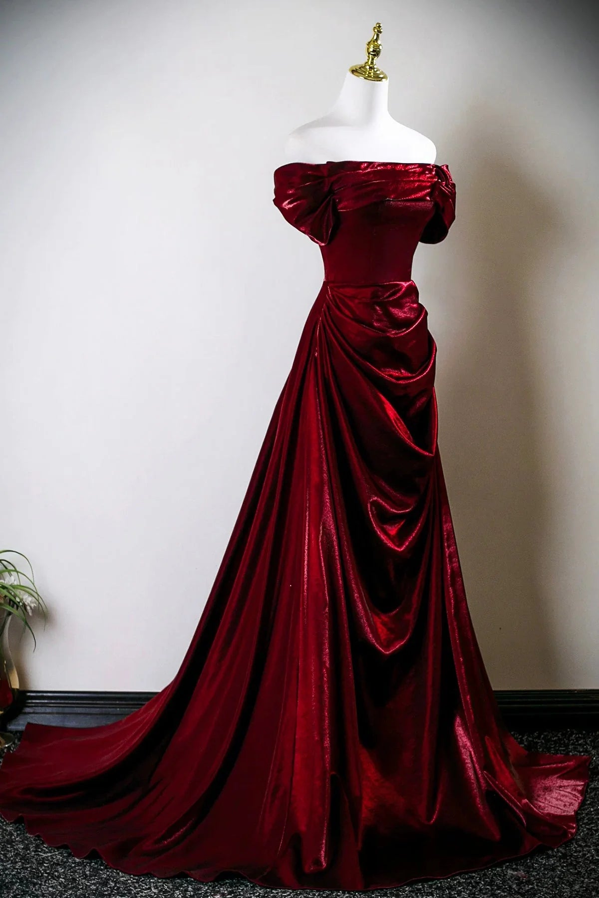 Burgundy Satin Long Prom Dress Off the Shoulder Evening Party Dress simple gentle atmospheric and unique desi Brin