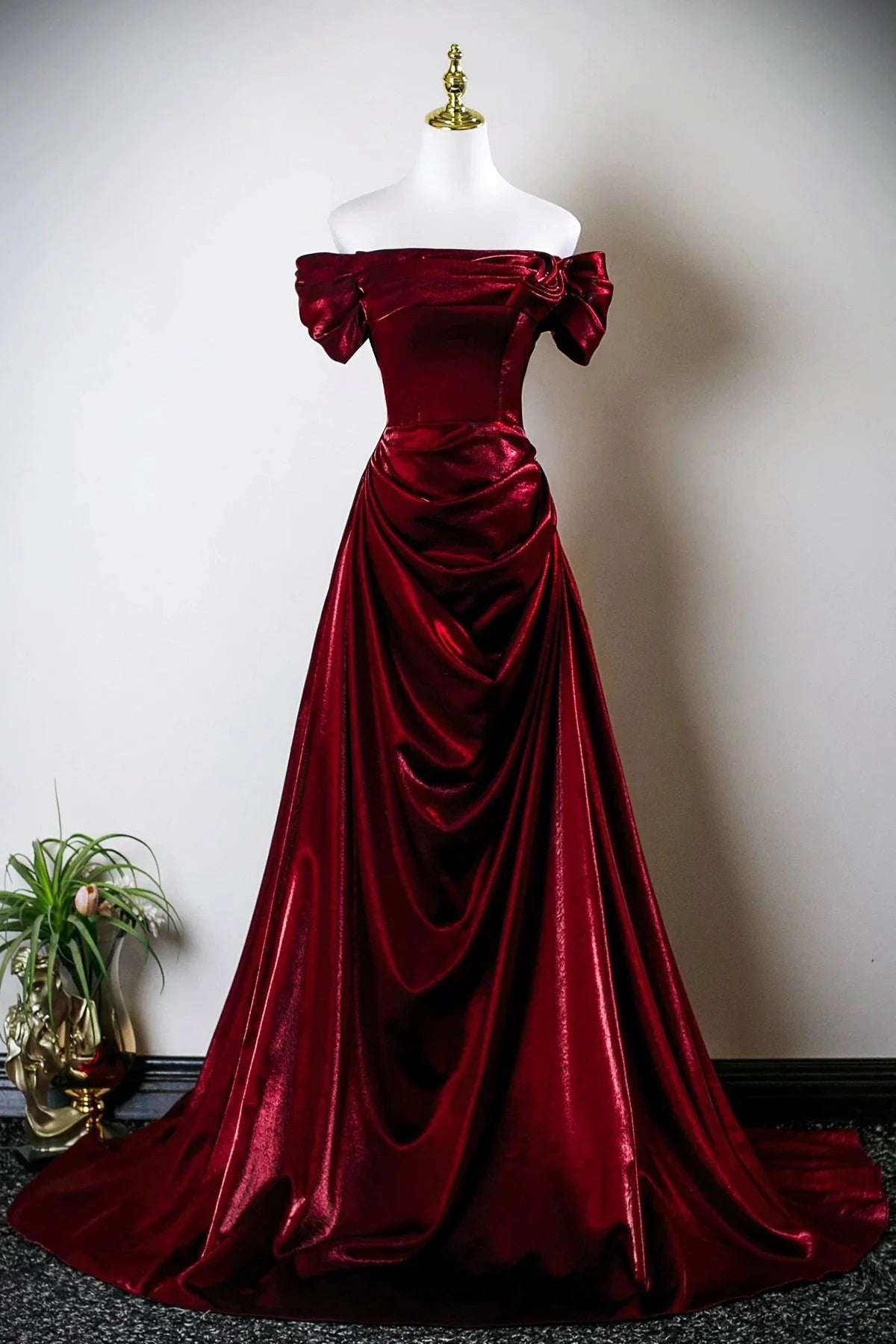 Burgundy Satin Long Prom Dress Off the Shoulder Evening Party Dress simple gentle atmospheric and unique desi Brin