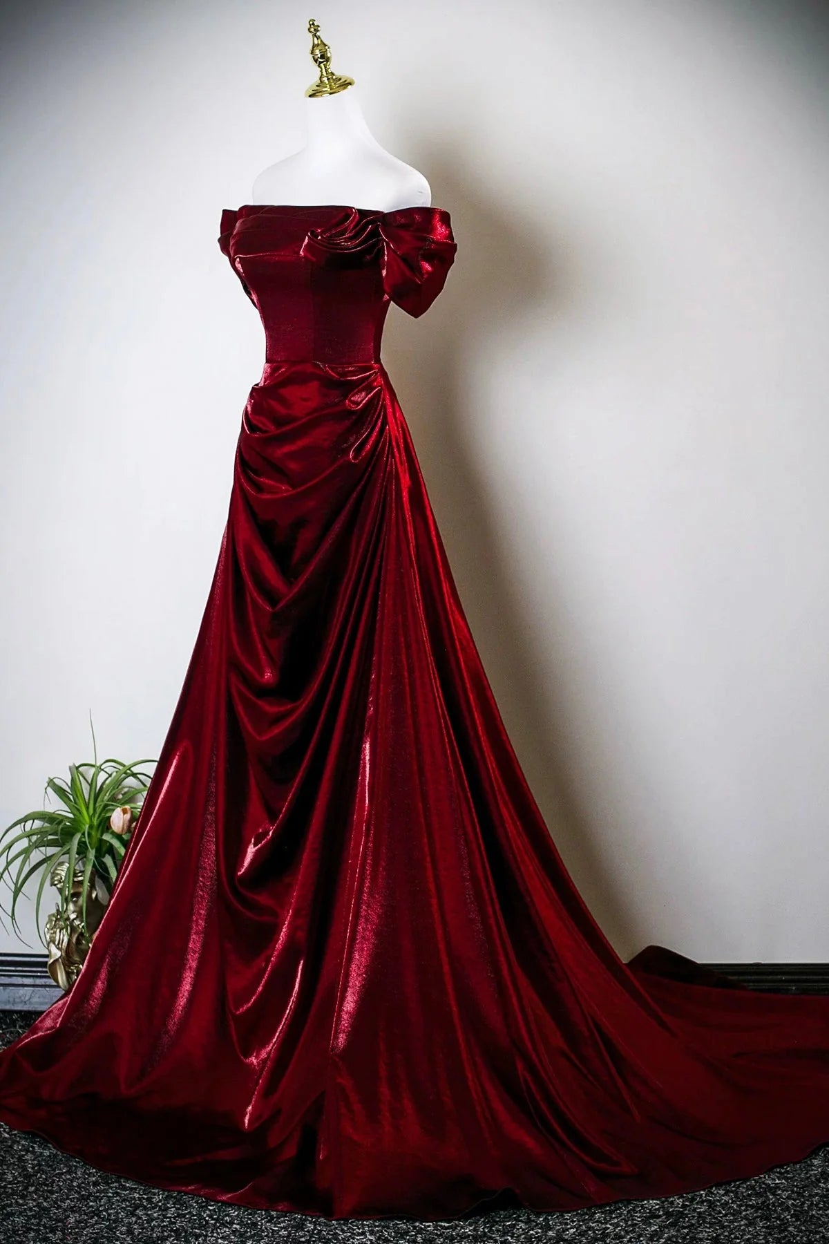 Burgundy Satin Long Prom Dress Off the Shoulder Evening Party Dress simple gentle atmospheric and unique desi Brin