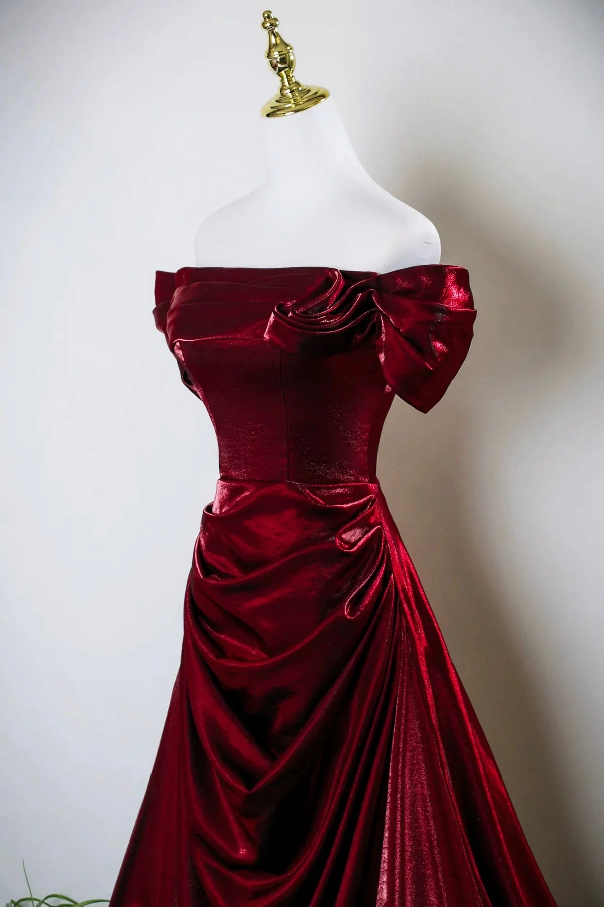 Burgundy Satin Long Prom Dress Off the Shoulder Evening Party Dress simple gentle atmospheric and unique desi Brin