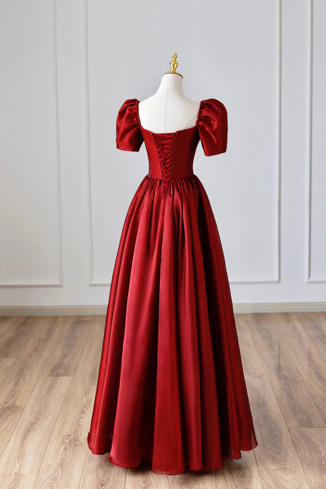 Burgundy Satin Long Prom Dress Simple A-Line Short Sleeve Evening Dress simple gentle atmospheric and unique desi Bring summer colors to enhance white