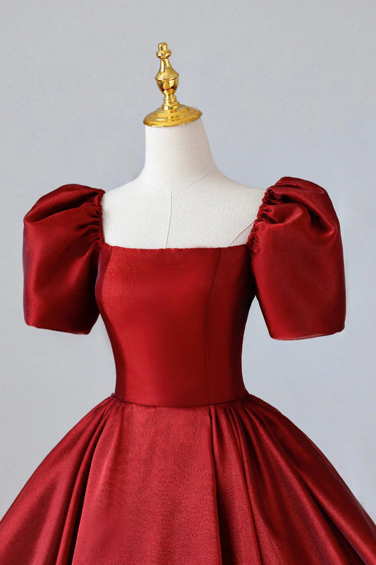 Burgundy Satin Long Prom Dress Simple A-Line Short Sleeve Evening Dress simple gentle atmospheric and unique desi Bring summer colors to enhance white