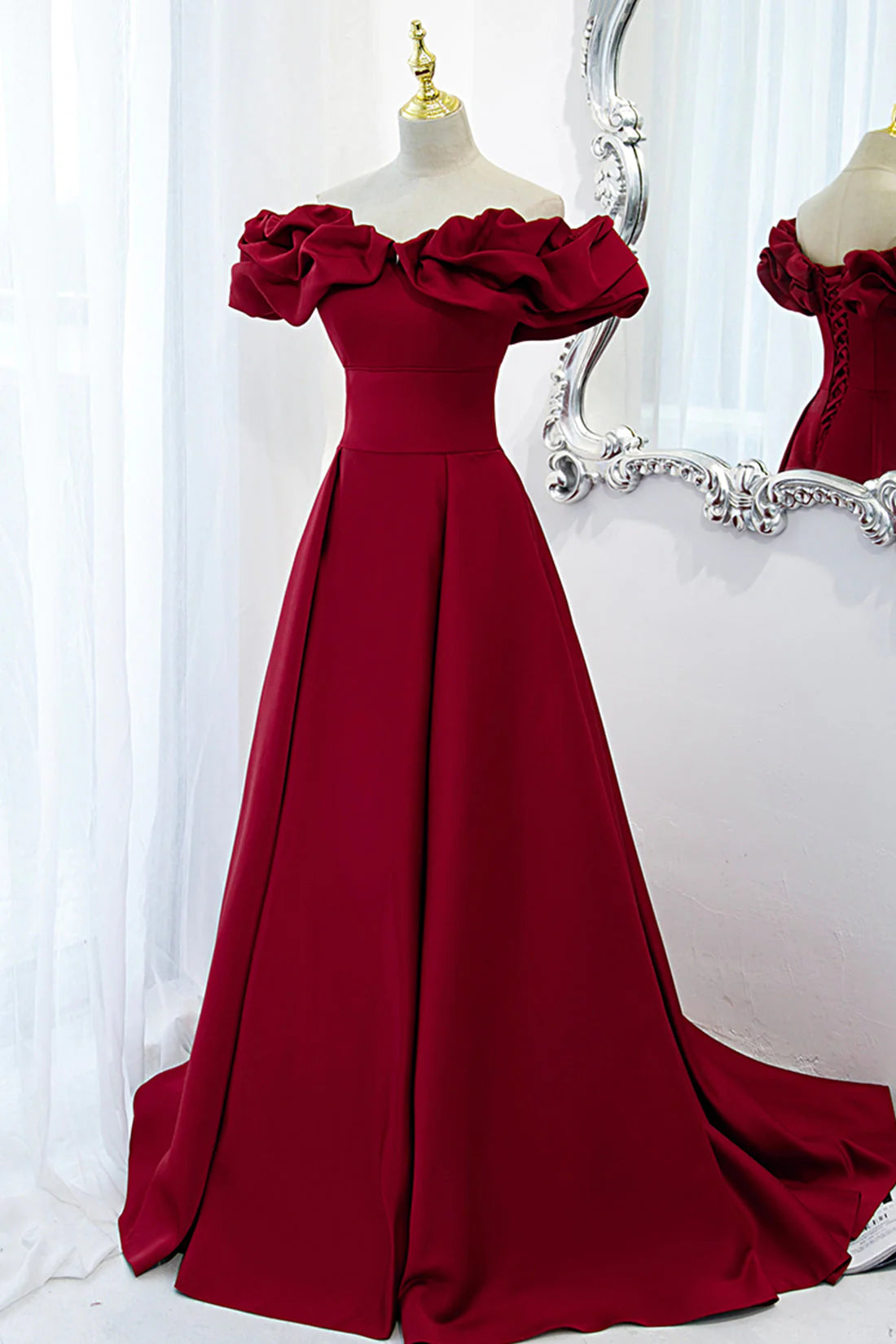 Burgundy Satin Long Prom Dress, A-Line Off Shoulder Evening Party Dress simple gentle atmospheric and unique desi Bring summer colors to enhance white ﻿