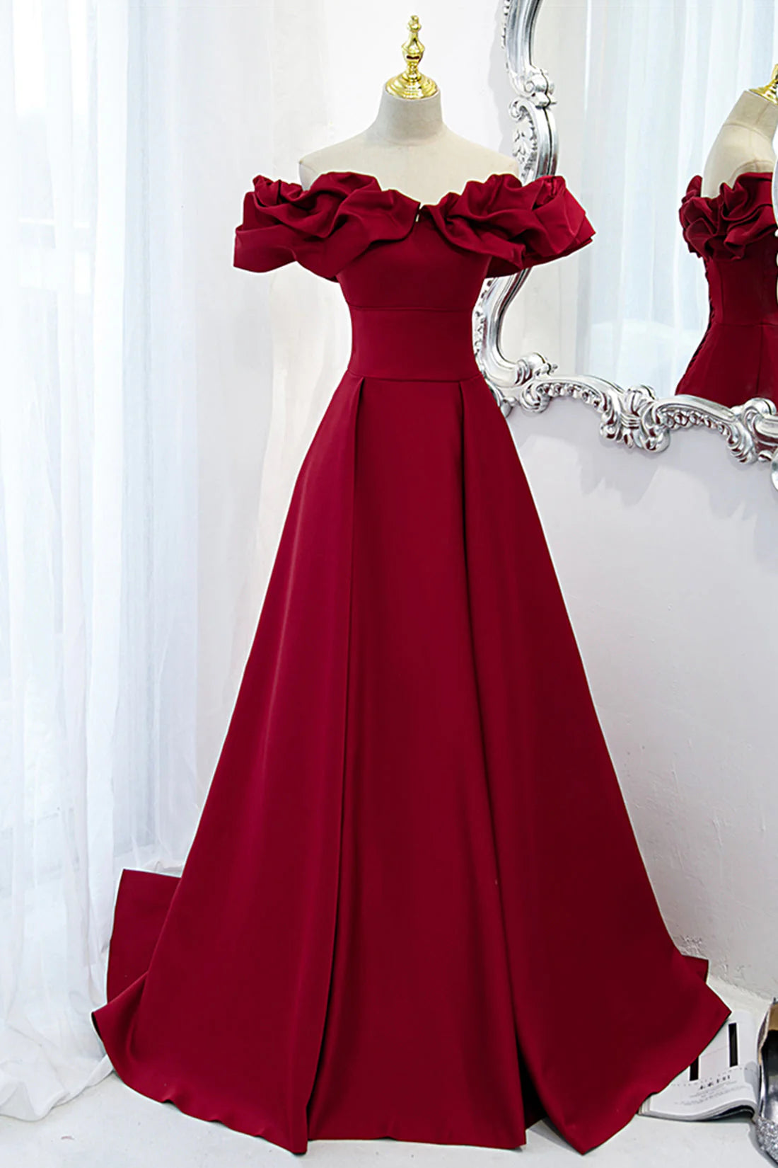 Burgundy Satin Long Prom Dress, A-Line Off Shoulder Evening Party Dress simple gentle atmospheric and unique desi Bring summer colors to enhance white ﻿