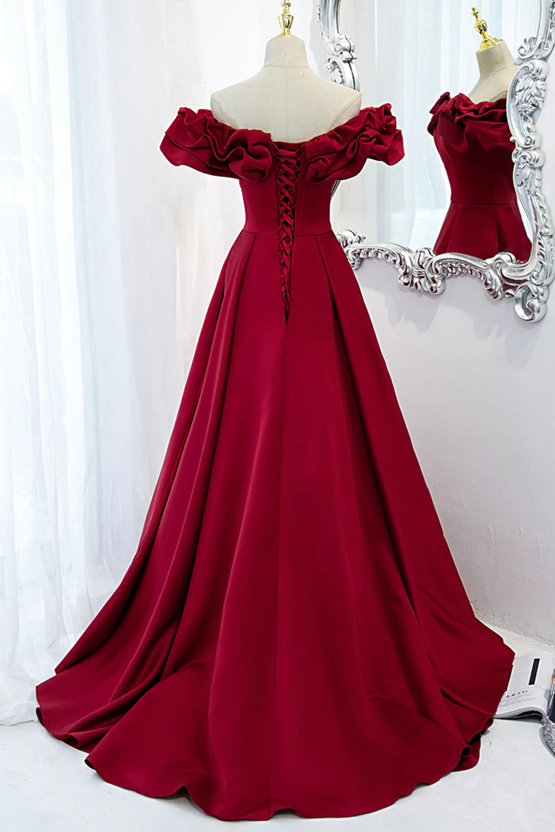 Burgundy Satin Long Prom Dress, A-Line Off Shoulder Evening Party Dress simple gentle atmospheric and unique desi Bring summer colors to enhance white ﻿