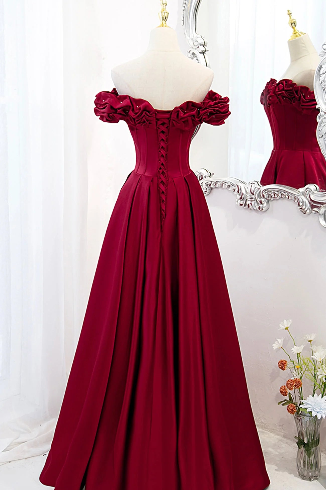 Burgundy Satin Off the Shoulder Beaded Long Formal Dress Burgundy A-Line Prom Dress simple gentle atmospheric and unique desi Bring summer colors to enhance whitenes