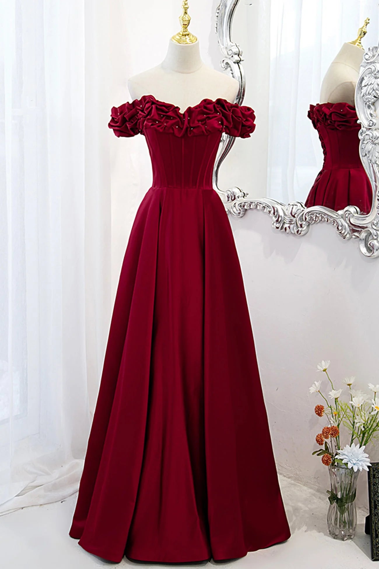 Burgundy Satin Off the Shoulder Beaded Long Formal Dress Burgundy A-Line Prom Dress simple gentle atmospheric and unique desi Bring summer colors to enhance whitenes