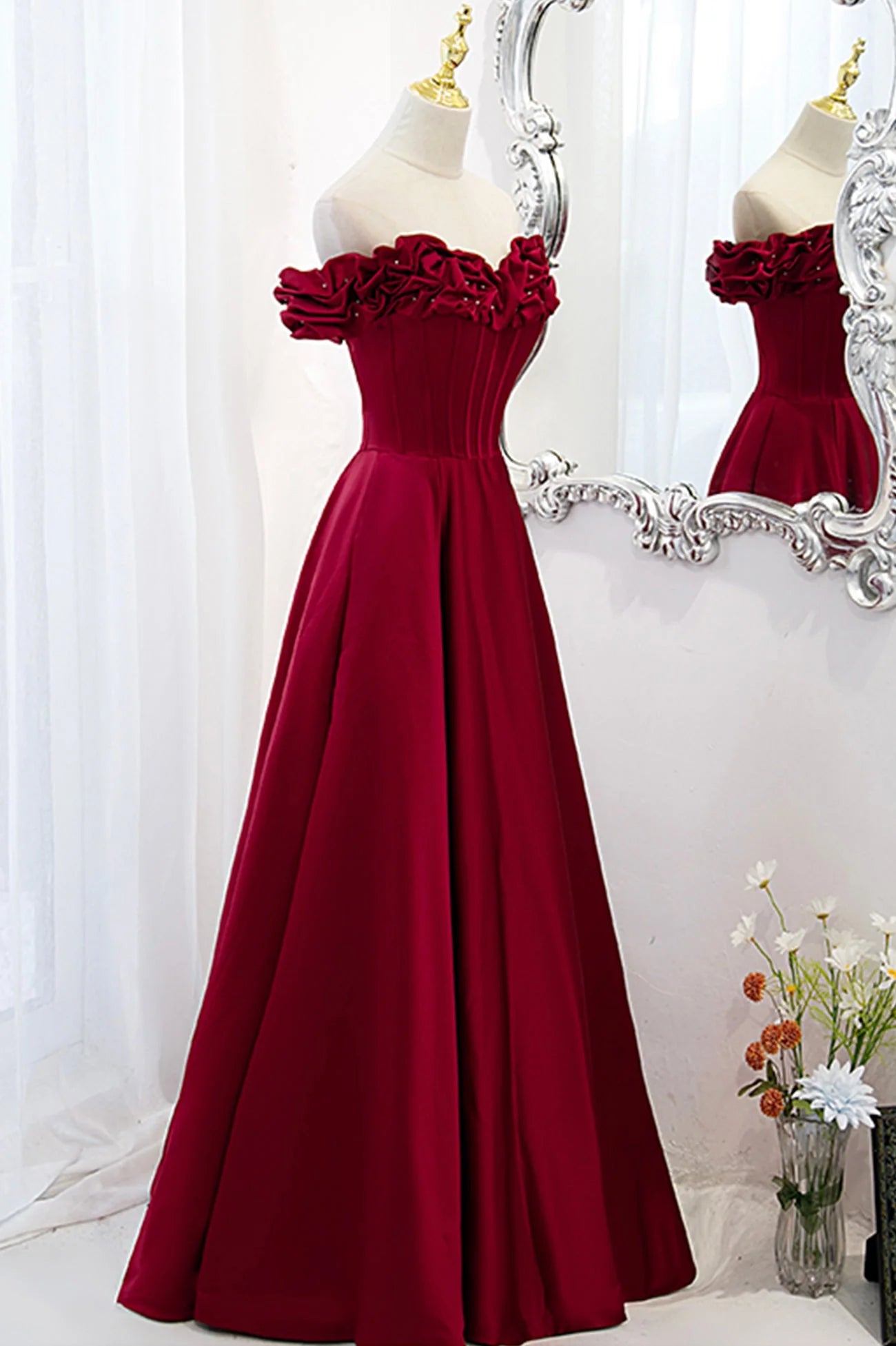 Burgundy Satin Off the Shoulder Beaded Long Formal Dress Burgundy A-Line Prom Dress simple gentle atmospheric and unique desi Bring summer colors to enhance whitenes