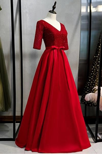 Burgundy Satin Sequins Long V Neck Customize Prom Dress Formal Dress simple gentle atmospheric and unique desi Bring summer colors to enhance whiteness