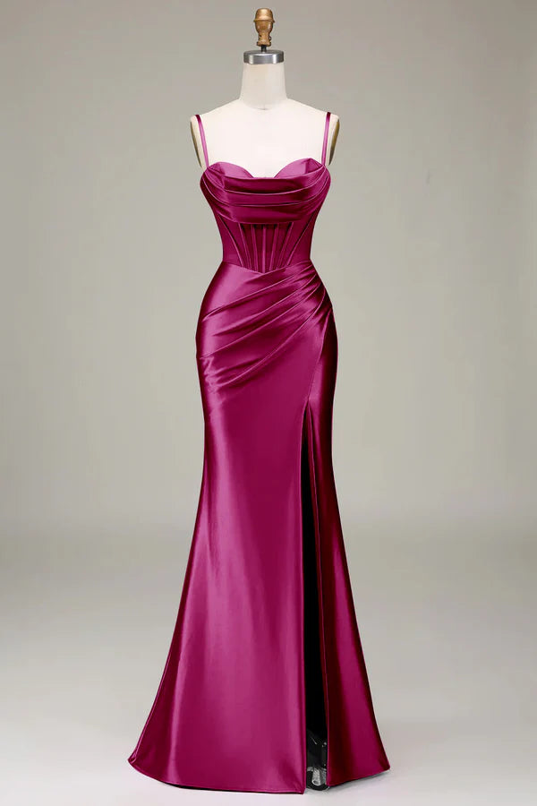 Burgundy Satin Spaghetti Straps Prom Dress with Corset Split Front spheric and unique desigentle atmospheric and unique desientle atmospheric and unique desi