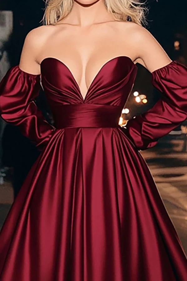 Burgundy Satin Strapless Ruched A-Line Long Prom Dress with Slit simple gentle atmospheric and unique desi Bring summer colors to enhance whiteness