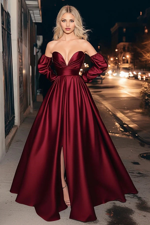 Burgundy Satin Strapless Ruched A-Line Long Prom Dress with Slit simple gentle atmospheric and unique desi Bring summer colors to enhance whiteness