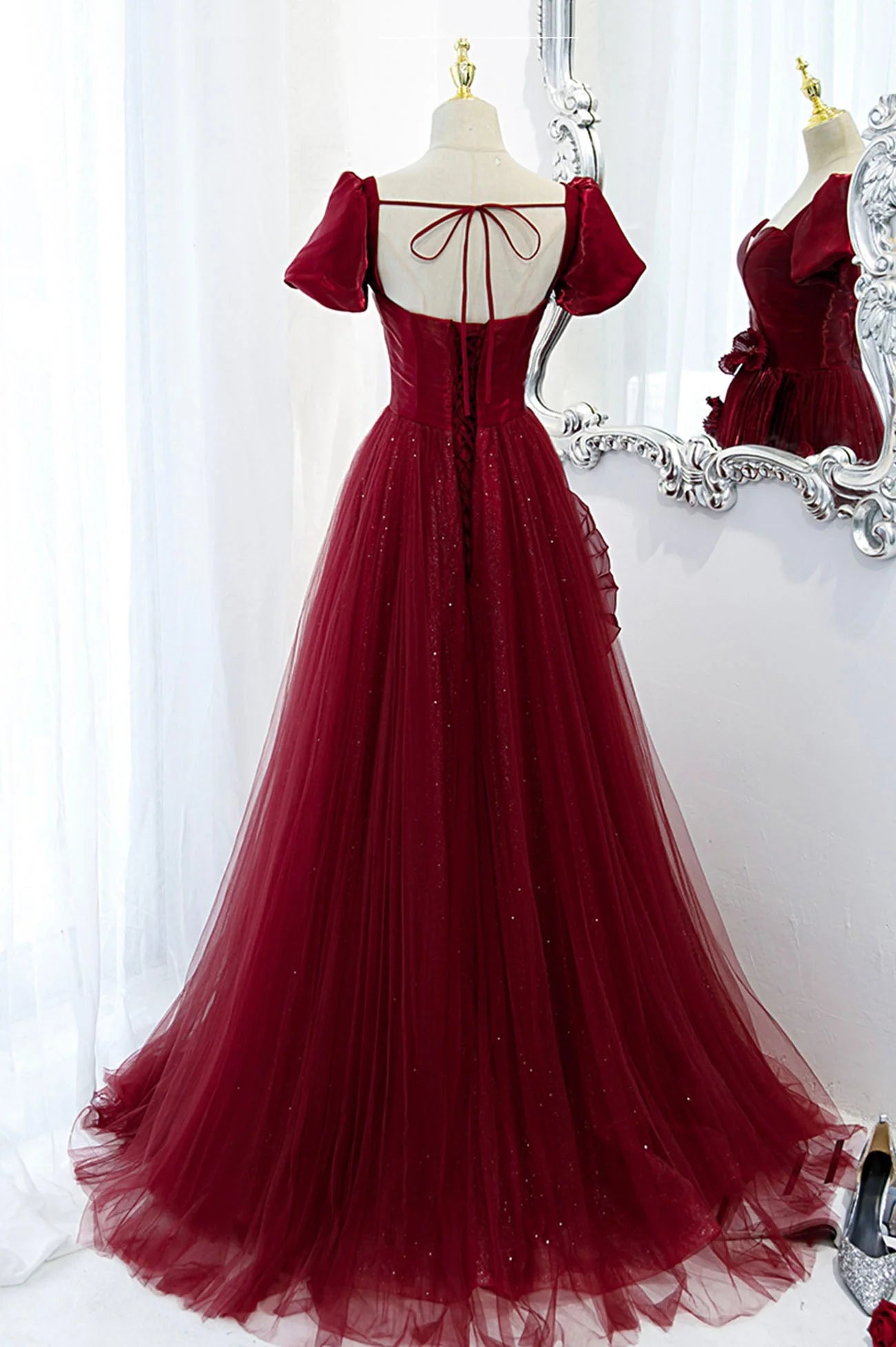 Burgundy Satin Tulle Long Prom Dress A-Line Short Sleeve Evening Party Dress simple gentle atmospheric and unique desi Bring summer colors to enhance whitenes