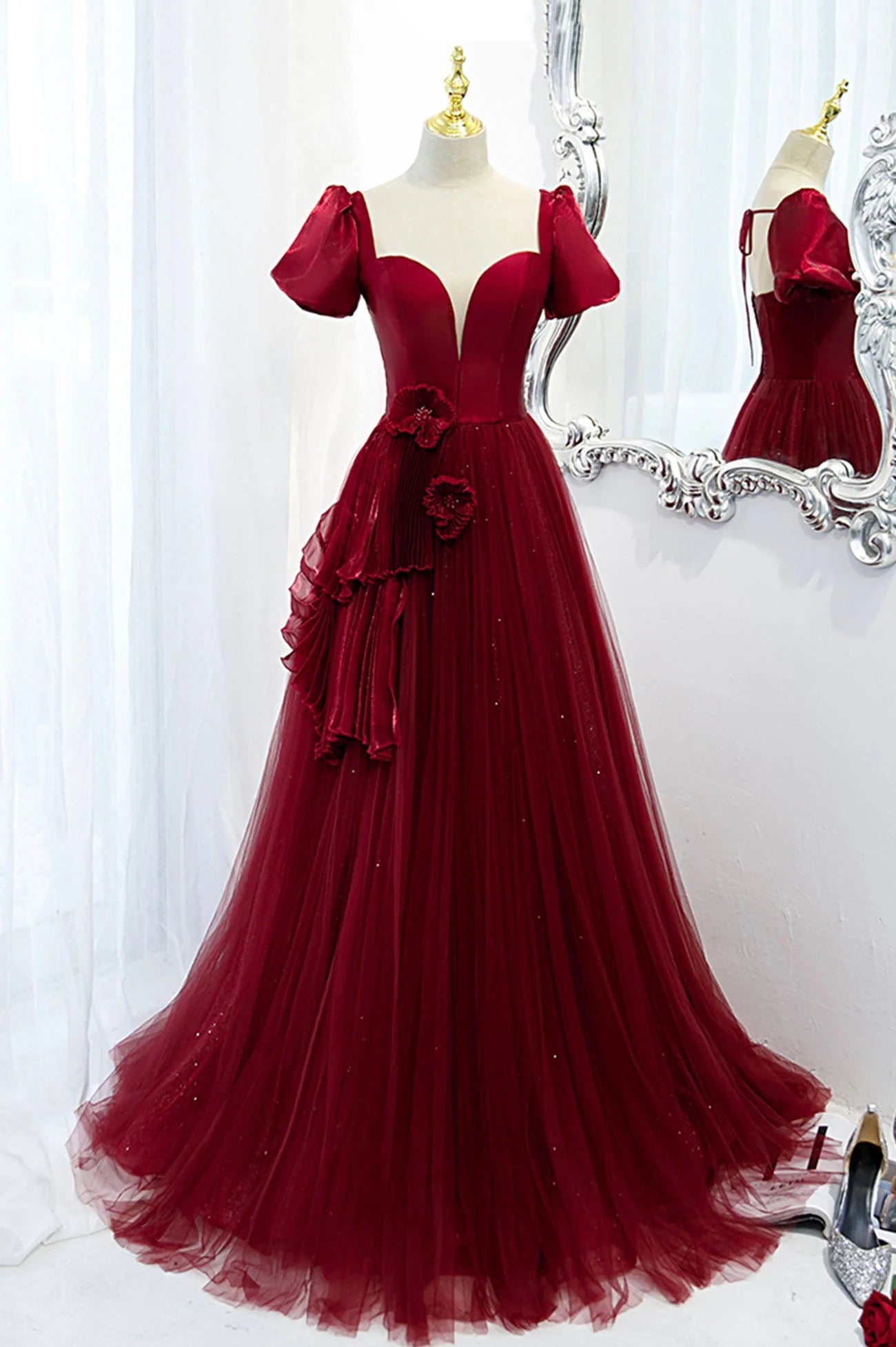 Burgundy Satin Tulle Long Prom Dress A-Line Short Sleeve Evening Party Dress simple gentle atmospheric and unique desi Bring summer colors to enhance whitenes