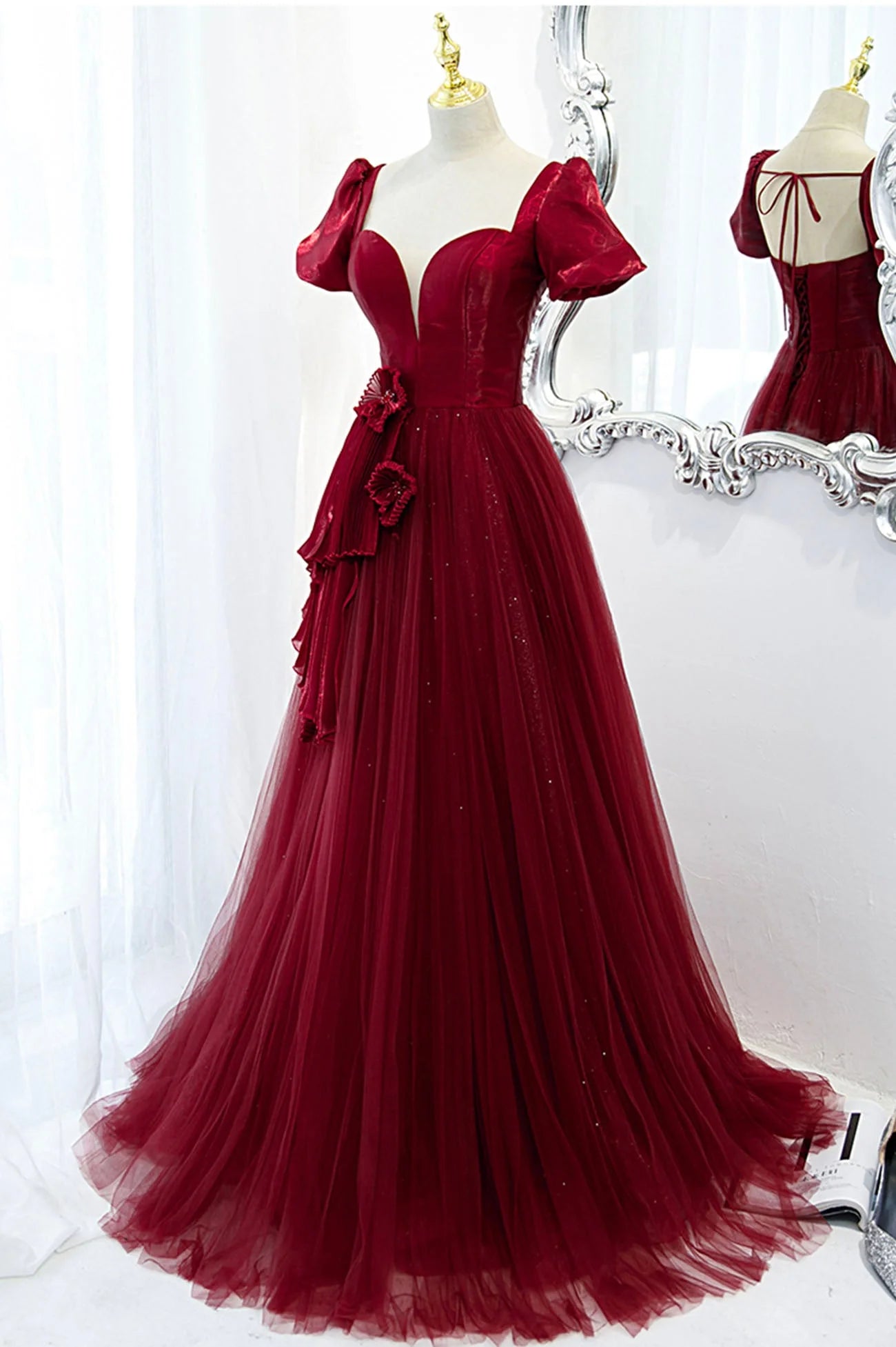 Burgundy Satin Tulle Long Prom Dress A-Line Short Sleeve Evening Party Dress simple gentle atmospheric and unique desi Bring summer colors to enhance whitenes